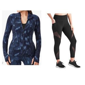 Members Mark Zen active tie dye blue jacket + black compression ankle legging XL
